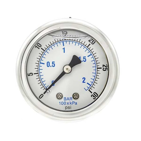 Industrial Pressure Gauge, 0 to 30 psi, 2 in Dial, 1/4 in NPT, Center Back Location MPN:202L-204C