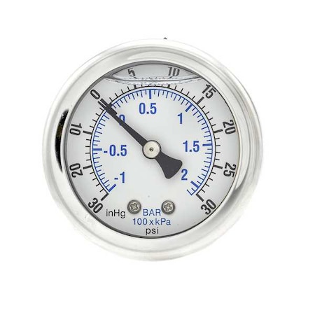 Industrial Compound Gauge, 30 to 0 to 30 psi, 2 in Dial, 1/4 in NPT, Center Back Location MPN:202L-204CC