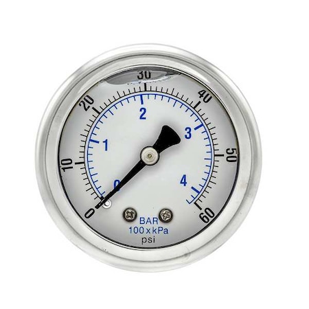 Industrial Pressure Gauge, 0 to 60 psi, 2 in Dial, 1/4 in NPT, Center Back Location MPN:202L-204D