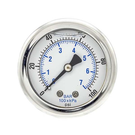 Industrial Pressure Gauge, 0 to 100 psi, 2 in Dial, 1/4 in NPT, Center Back Location MPN:202L-204E