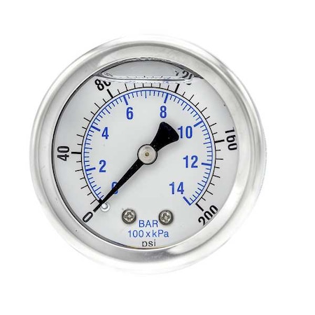 Industrial Pressure Gauge, 0 to 200 psi, 2 in Dial, 1/4 in NPT, Center Back Location MPN:202L-204G