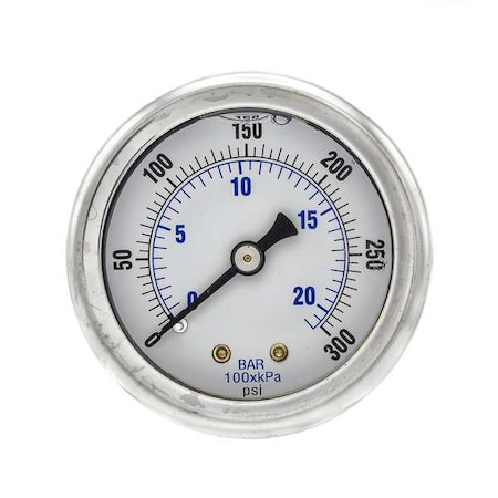 Industrial Pressure Gauge, 0 to 300 psi, 2 in Dial, 1/4 in NPT, Center Back Location MPN:202L-204H