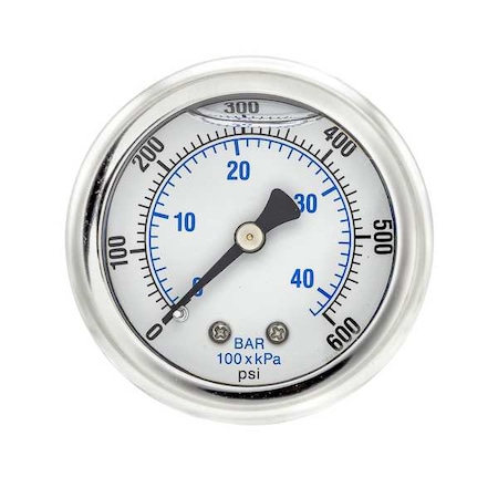 Industrial Pressure Gauge, 0 to 600 psi, 2 in Dial, 1/4 in NPT, Center Back Location MPN:202L-204K