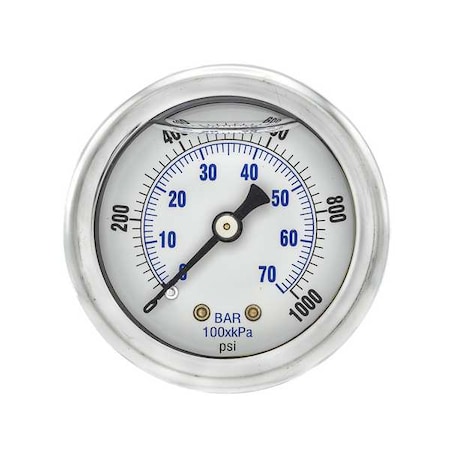Industrial Pressure Gauge, 0 to 1, 000 psi, 2 in Dial, 1/4 in NPT, Center Back Location MPN:202L-204M