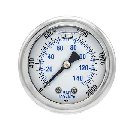 Industrial Pressure Gauge, 0 to 2, 000 psi, 2 in Dial, 1/4 in NPT, Center Back Location MPN:202L-204O