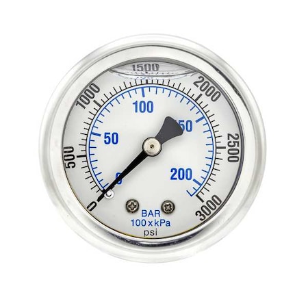 Industrial Pressure Gauge, 0 to 3, 000 psi, 2 in Dial, 1/4 in NPT, Center Back Location MPN:202L-204P