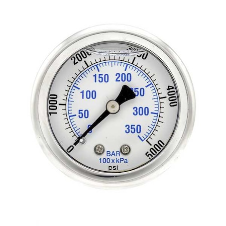 Industrial Pressure Gauge, 0 to 5, 000 psi, 2 in Dial, 1/4 in NPT, Center Back Location MPN:202L-204R