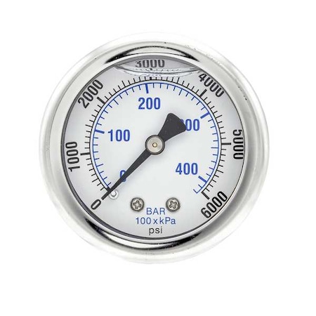 Industrial Pressure Gauge, 0 to 6, 000 psi, 2 in Dial, 1/4 in NPT, Center Back Location MPN:202L-204S