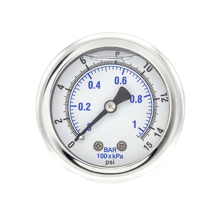 Industrial Pressure Gauge, 0 to 15 psi, 2 in Dial, 1/8 in NPT, Center Back Location MPN:202L-208B