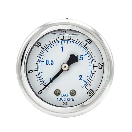 Industrial Pressure Gauge, 0 to 30 psi, 2 in Dial, 1/8 in NPT, Center Back Location MPN:202L-208C