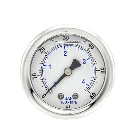 Industrial Pressure Gauge, 0 to 60 psi, 2 in Dial, 1/8 in NPT, Center Back Location MPN:202L-208D