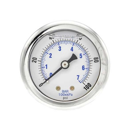 Industrial Pressure Gauge, 0 to 100 psi, 2 in Dial, 1/8 in NPT, Center Back Location MPN:202L-208E