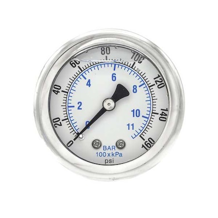 Industrial Pressure Gauge, 0 to 160 psi, 2 in Dial, 1/8 in NPT, Center Back Location MPN:202L-208F
