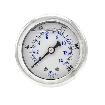 Industrial Pressure Gauge, 0 to 200 psi, 2 in Dial, 1/8 in NPT, Center Back Location MPN:202L-208G
