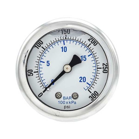 Industrial Pressure Gauge, 0 to 300 psi, 2 in Dial, 1/8 in NPT, Center Back Location MPN:202L-208H