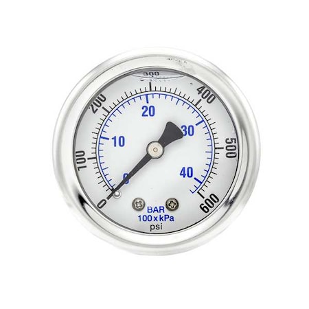 Industrial Pressure Gauge, 0 to 600 psi, 2 in Dial, 1/8 in NPT, Center Back Location MPN:202L-208K