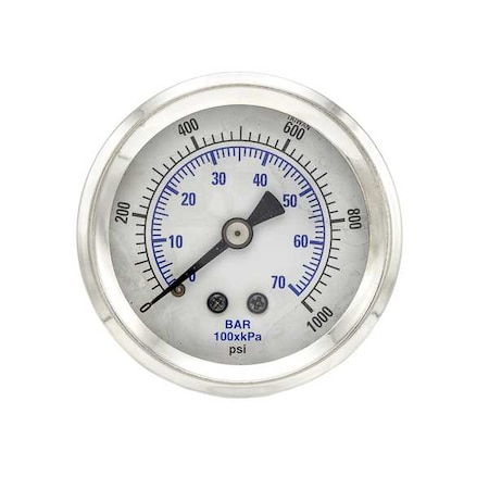 Industrial Pressure Gauge, 0 to 1, 000 psi, 2 in Dial, 1/8 in NPT, Center Back Location MPN:202L-208M
