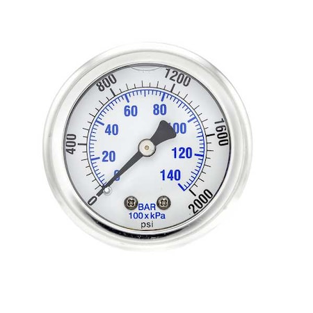 Industrial Pressure Gauge, 0 to 2, 000 psi, 2 in Dial, 1/8 in NPT, Center Back Location MPN:202L-208O