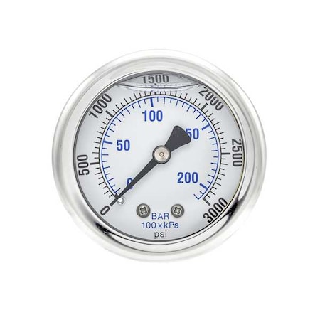 Industrial Pressure Gauge, 0 to 3, 000 psi, 2 in Dial, 1/8 in NPT, Center Back Location MPN:202L-208P