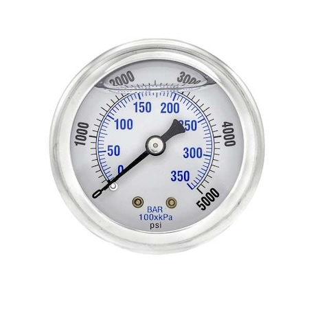 Industrial Pressure Gauge, 0 to 5, 000 psi, 2 in Dial, 1/8 in NPT, Center Back Location MPN:202L-208R