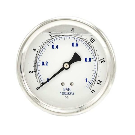 Industrial Pressure Gauge, 0 to 15 psi, 4 in Dial, 1/4 in NPT, Center Back Location MPN:202L-404B