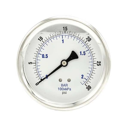 Industrial Pressure Gauge, 0 to 30 psi, 4 in Dial, 1/4 in NPT, Center Back Location MPN:202L-404C