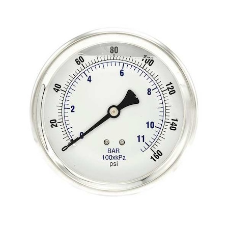 Industrial Pressure Gauge, 0 to 160 psi, 4 in Dial, 1/4 in NPT, Center Back Location MPN:202L-404F