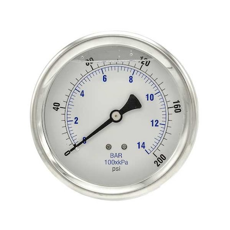 Industrial Pressure Gauge, 0 to 200 psi, 4 in Dial, 1/4 in NPT, Center Back Location MPN:202L-404G