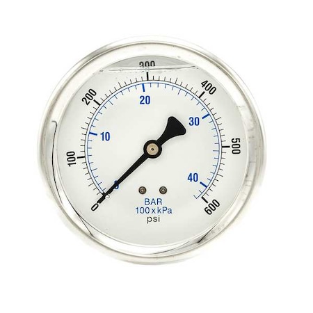 Industrial Pressure Gauge, 0 to 600 psi, 4 in Dial, 1/4 in NPT, Center Back Location MPN:202L-404K