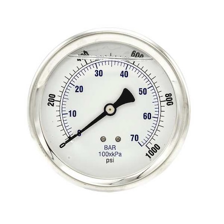 Industrial Pressure Gauge, 0 to 1, 000 psi, 4 in Dial, 1/4 in NPT, Center Back Location MPN:202L-404M