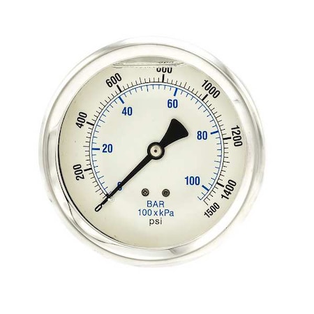 Industrial Pressure Gauge, 0 to 1, 500 psi, 4 in Dial, 1/4 in NPT, Center Back Location MPN:202L-404N