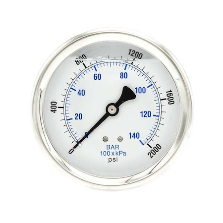 Industrial Pressure Gauge, 0 to 2, 000 psi, 4 in Dial, 1/4 in NPT, Center Back Location MPN:202L-404O