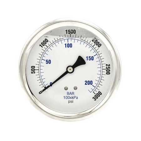 Industrial Pressure Gauge, 0 to 3, 000 psi, 4 in Dial, 1/4 in NPT, Center Back Location MPN:202L-404P