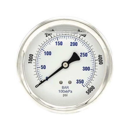 Industrial Pressure Gauge, 0 to 5, 000 psi, 4 in Dial, 1/4 in NPT, Center Back Location MPN:202L-404R