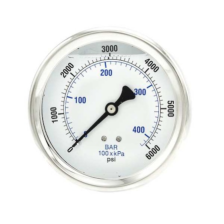 Industrial Pressure Gauge, 0 to 6, 000 psi, 4 in Dial, 1/4 in NPT, Center Back Location MPN:202L-404S