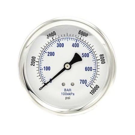 Industrial Pressure Gauge, 0 to 10, 000 psi, 4 in Dial, 1/4 in NPT, Center Back Location MPN:202L-404U