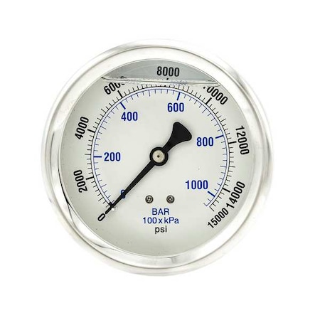 Industrial Pressure Gauge, 0 to 15, 000 psi, 4 in Dial, 1/4 in NPT, Center Back Location MPN:202L-404V