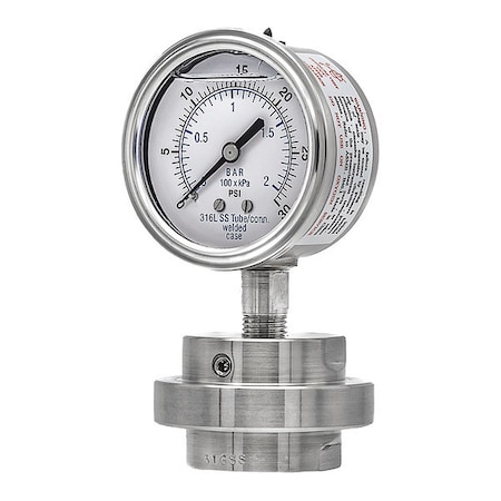 Pressure Gauge with Diaphragm Seal, 0 to 30 psi, 2 1/2 in Dial, 1/4 in NPT, Bottom Location MPN:301L254C/3JJJ100