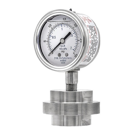 Pressure Gauge with Diaphragm Seal, 0 to 30 psi, 2 1/2 in Dial, 1/4 in NPT, Bottom Location MPN:301L254C/3JJJ200