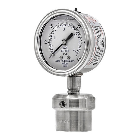 Pressure Gauge with Diaphragm Seal, 0 to 60 psi, 2 1/2 in Dial, 1/4 in NPT, Bottom Location MPN:301L254D/0JJJ200