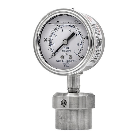 Pressure Gauge with Diaphragm Seal, 0 to 100 psi, 2 1/2 in Dial, 1/4 in NPT, Bottom Location MPN:301L254E/0JJJ100