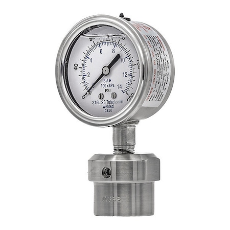 Vacuum Gauge with Diaphragm Seal, 0 to 200 psi, 2 1/2 in Dial, 1/4 in NPT, Bottom Location MPN:301L254G/0JJJ100
