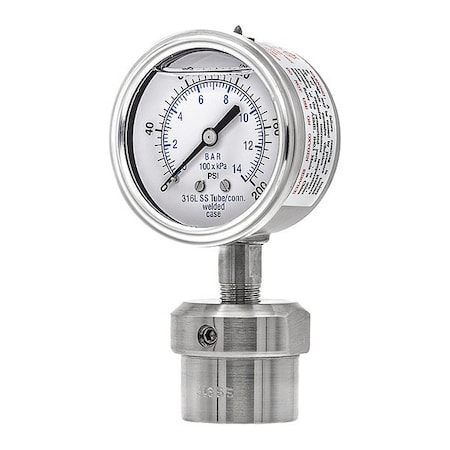 Pressure Gauge with Diaphragm Seal, 0 to 200 psi, 2 1/2 in Dial, 1/4 in NPT, Bottom Location MPN:301L254G/0JJJ200