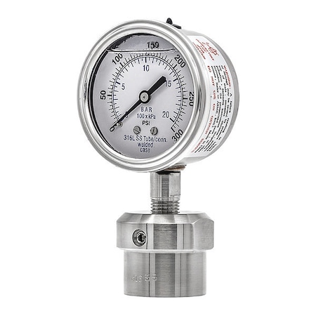 Pressure Gauge with Diaphragm Seal, 0 to 300 psi, 2 1/2 in Dial, 1/4 in NPT, Bottom Location MPN:301L254H/0JJJ200