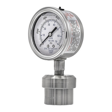 Pressure Gauge with Diaphragm Seal, 0 to 1, 000 psi, 2 1/2 in Dial, 1/4 in NPT, Bottom Location MPN:301L254M/0JJJ100