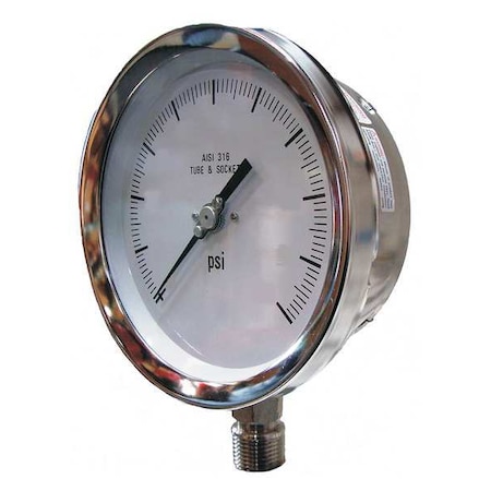 Industrial Pressure Gauge, 0 to 100 psi, 4 1/2 in Dial, 1/4 in NPT, Bottom Location MPN:4501-SC-4LE
