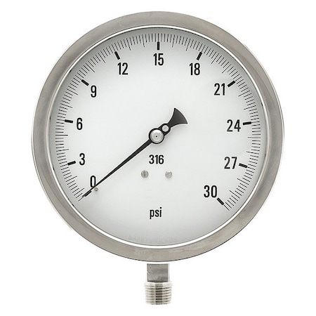 Industrial Pressure Gauge, 0 to 30 psi, 6 in Dial, 1/2 in NPT, Bottom Location MPN:6001-2LC