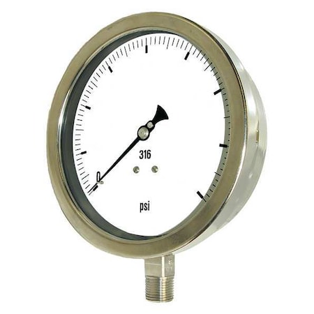 Industrial Pressure Gauge, 0 to 300 psi, 6 in Dial, 1/2 in NPT, Bottom Location MPN:6001-2LH