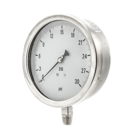 Industrial Pressure Gauge, 0 to 30 psi, 6 in Dial, 1/4 in NPT, Bottom Location MPN:6001-4LC