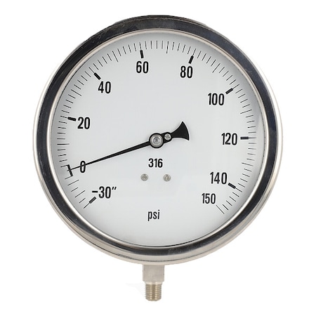 Industrial Compound Gauge, 30 to 0 to 150 psi, 6 in Dial, 1/4 in NPT, Bottom Location MPN:6001-4LCF